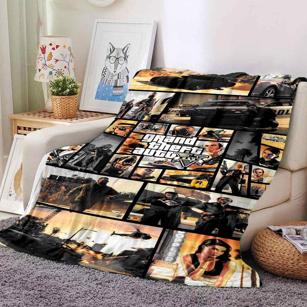 1 шт. Мягкое фланелевое одеяло Grand Theft Auto с дизайнерским принтом. Уютное одеяло для всех сезонов, идеально подходит для дивана, кровати, офиса