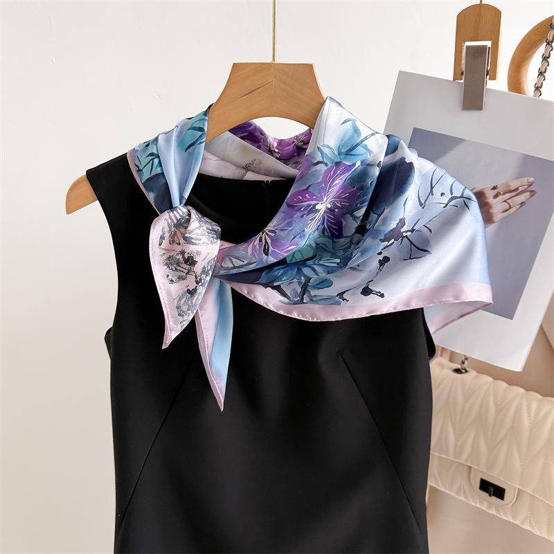 Luxury Flower Design Scarf Women Satin Scarves Bandana Hijab Neckerchief Shawl Kerchief Hair Band Foulard Lady