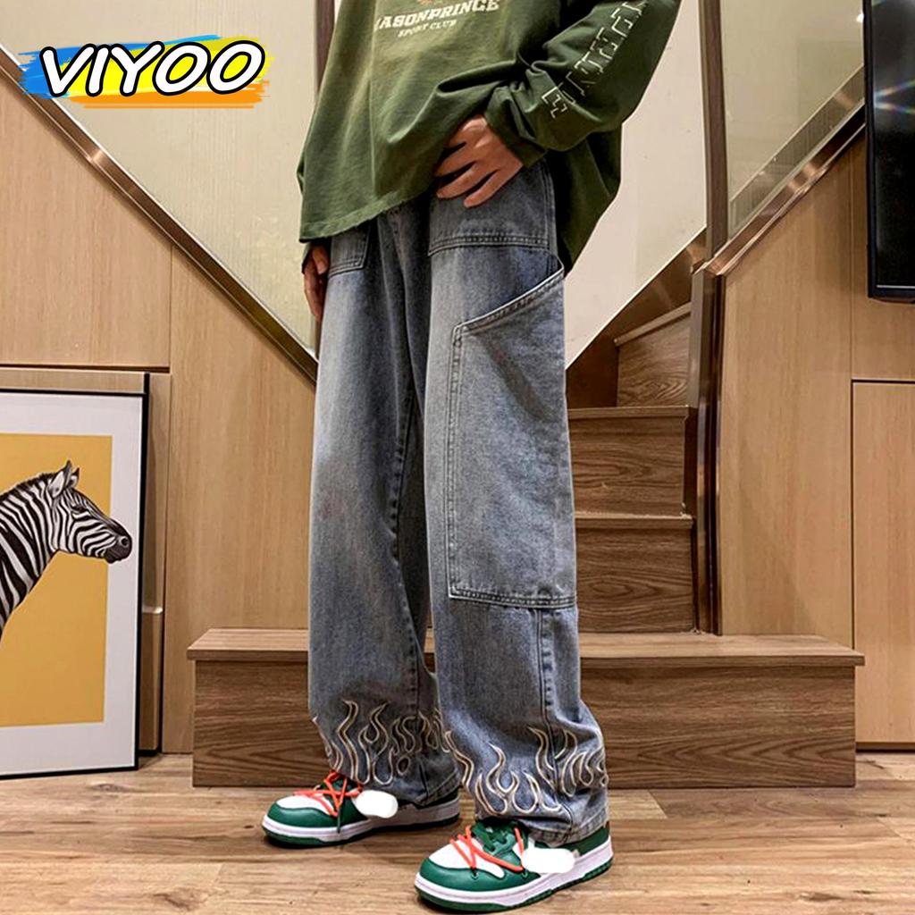 Мужская мода Y2K Одежда Винтажные роскошные джинсы Мужчины Огненная вышивка Высококачественные мешковатые прямые брюки Джинсовые брюки Джинсы для мужчин Уличная одежда