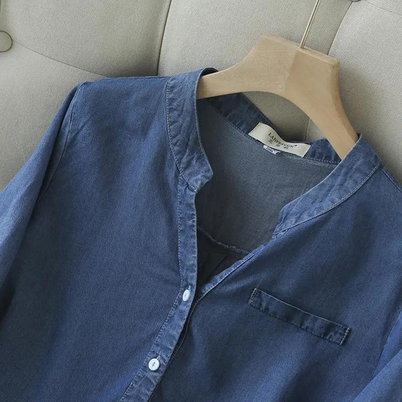 Синяя джинсовая лиоцелловая повседневная однобортная женская блузка с рукавом три четверти, рубашка, модная женская одежда, топы