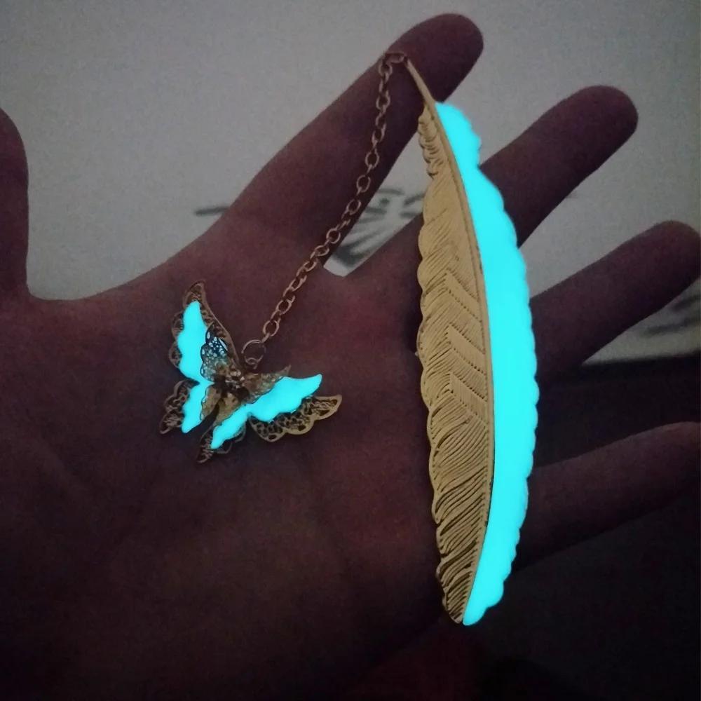 1 шт. светящаяся закладка в виде пера, ретро светящаяся креативная металлическая закладка в виде хвоста кита, флуоресцентная закладка в виде совы/бабочки