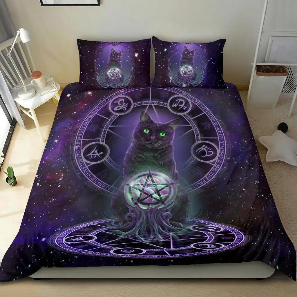 Загадочный комплект пододеяльника с черным котом Готический комплект постельного белья с черным котом Полный размер Набор из трех предметов