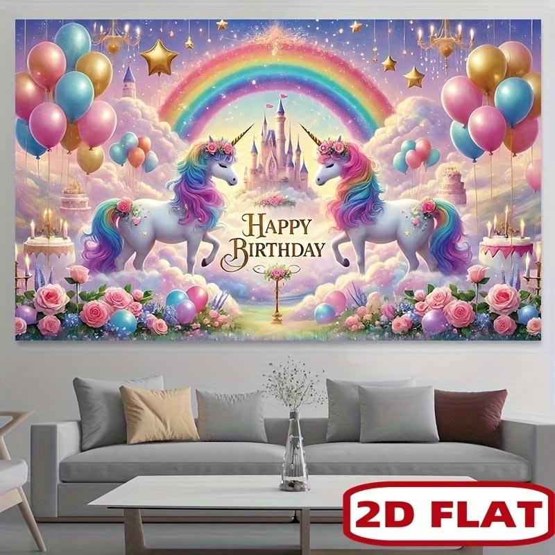 1pc, 2D flat, fairytale unicorn-themed rainbow and castle polyester backdrop, suitable for magical birthday celebrations, wsj