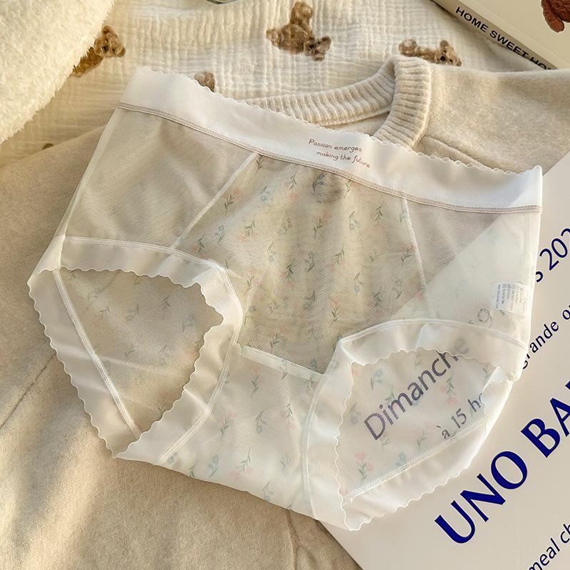 Women Fashion Sexy Lace Sheer Mesh Mid Waist Briefs Underwear