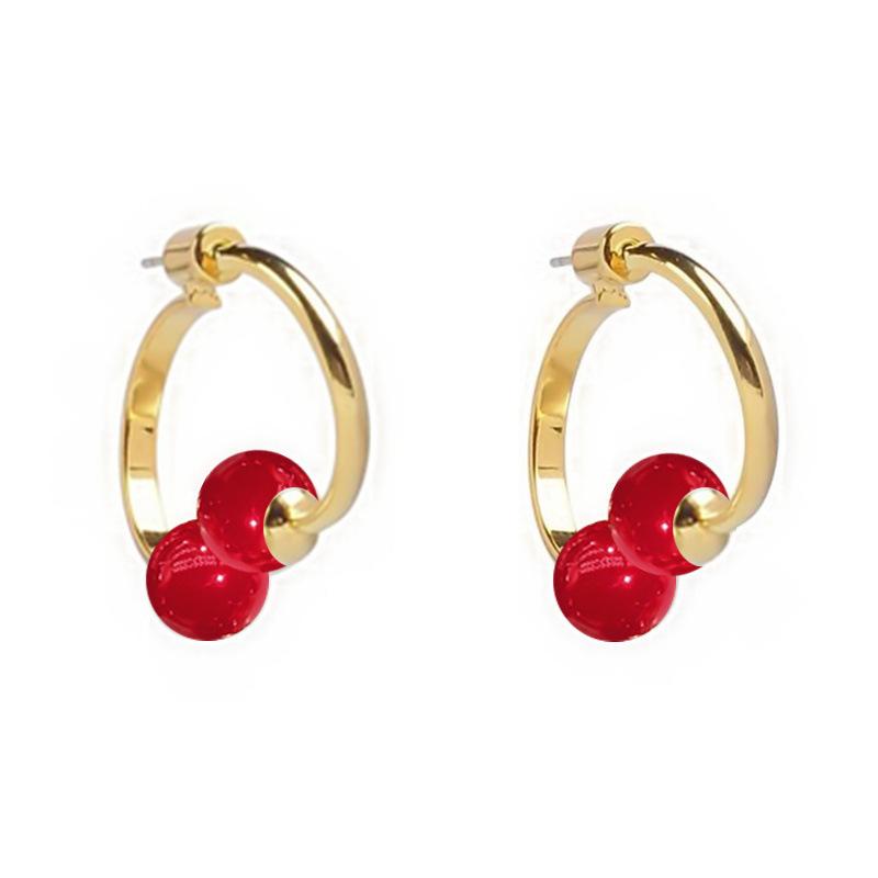 Silver needle red temperament design earrings, simple Ankola red ball stud earrings.