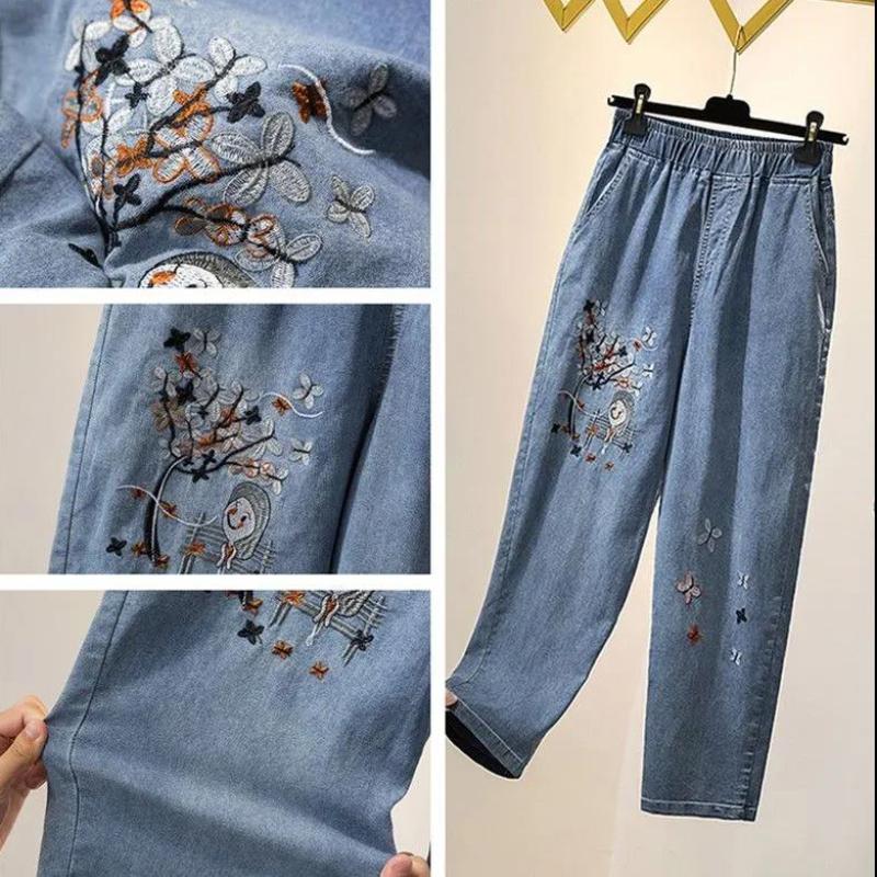 Весенне-осенние джинсы с высокой талией и вышивкой, женские свободные и тонкие брюки большого размера в Корейском стиле для студенток Nine Harlan Daddy Pants