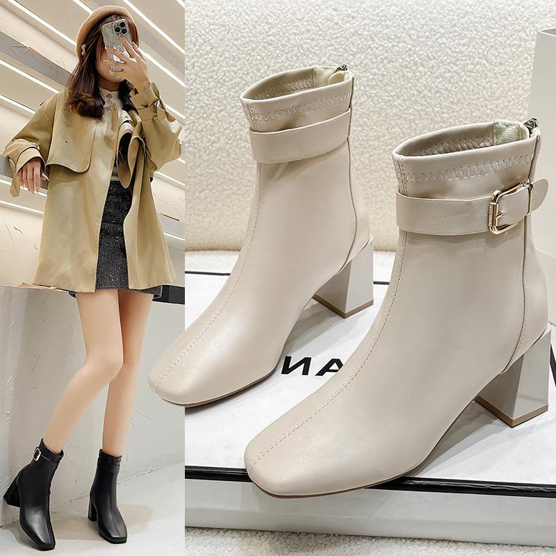 Осень и зима Новые короткие женские ботинки с квадратным носком, короткие, больших размеров, на высоком каблуке, с флисовой подкладкой, универсальные ботильоны на толстом каблуке, короткие ботинки