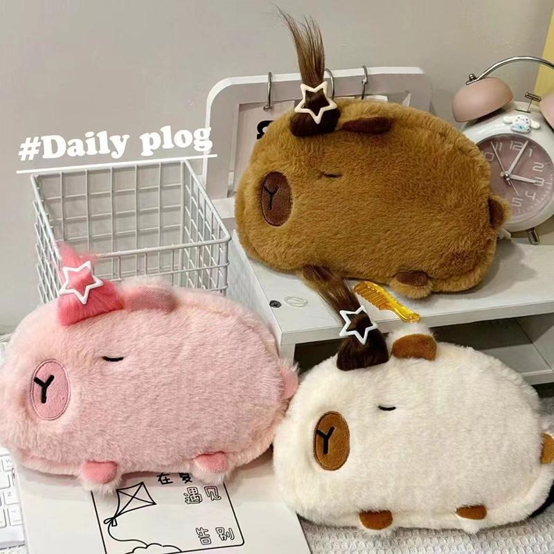 Kawaii Cartoon Creative Pencil Bag Student Capybara Plush Stationery Storage Bag Large Capacity Learning Stationery Supplies