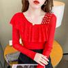 New Spring Mesh Long-sleeved Tops with Ruffled Irregular Collar Pullover Base Shirt