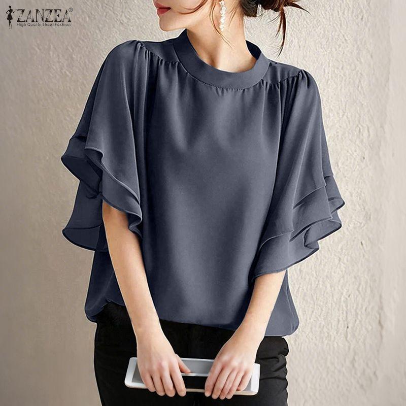 ZANZEA Women Casual Round Neck Loose Summer Ruffles Short Sleeve Blouse