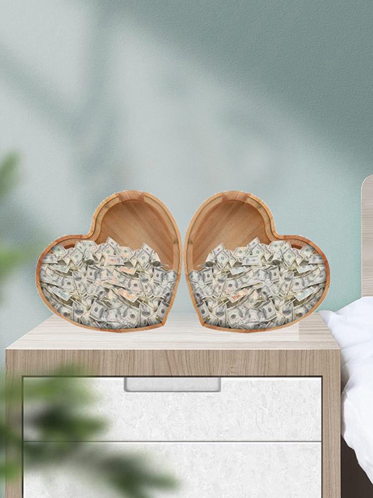 Wooden Piggy Bank Heart Shaped Coin Bank Clear Love Piggy Bank Desktop Money Pot for Boys Girls Birthday Gift