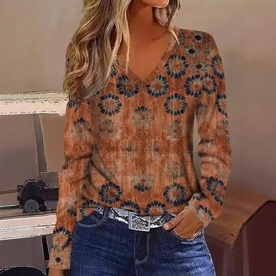 Ретро Топ с V-образным вырезом и длинными рукавами Модные этнические повседневные женские футболки