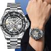 Деловые мужские часы Водонепроницаемые мужские часы Роскошные часы из нержавеющей стали Скелетонизированный циферблат Автоматические механические наручные часы+Коробка