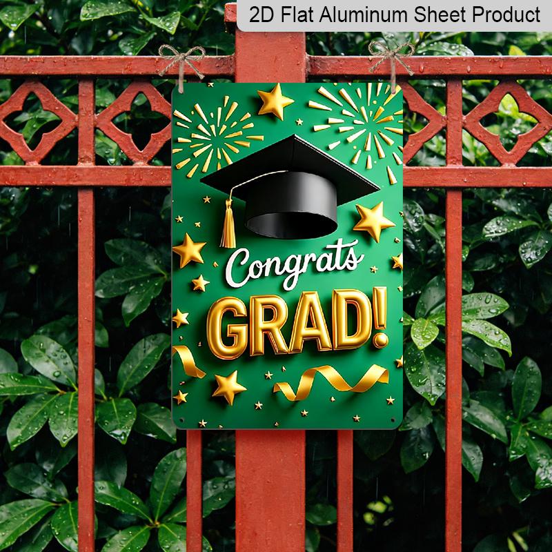 2D Flat 1pc "Congrats GRAD!" Aluminium Metal Wall Decor Sign - 8"x12" Green & Gold Graduation Decor, Grad Cap & Fireworks Wall Art, Perfect for