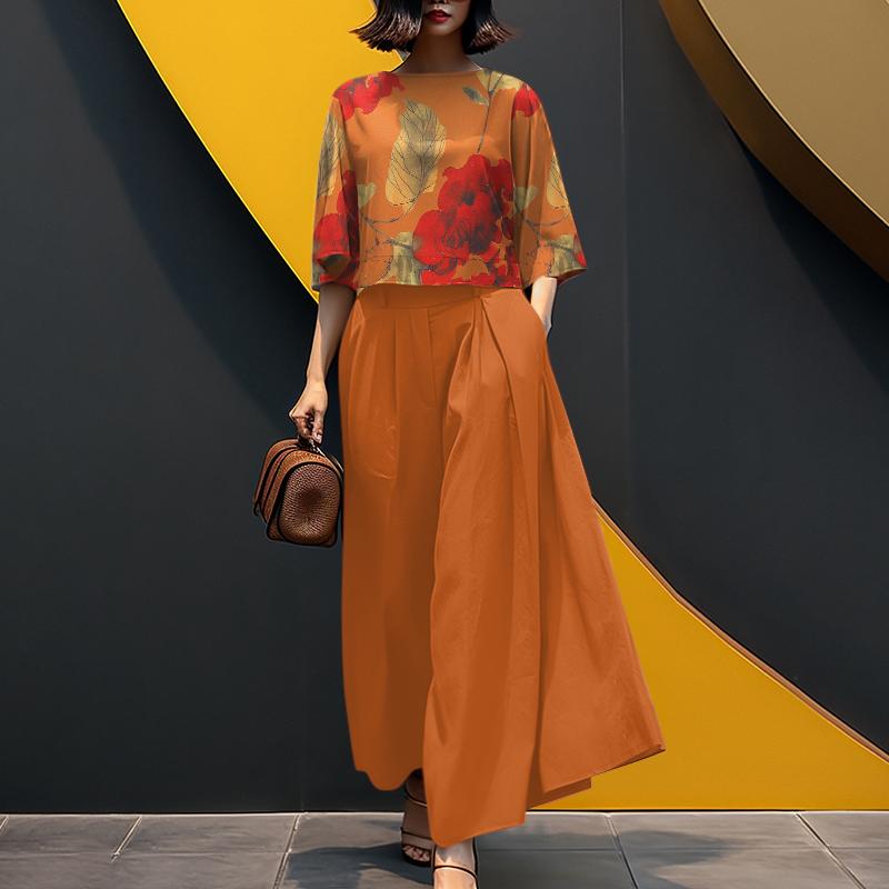 ZANZEA Женский повседневный костюм из двух частей: блузка с цветочным принтом и широкие брюки