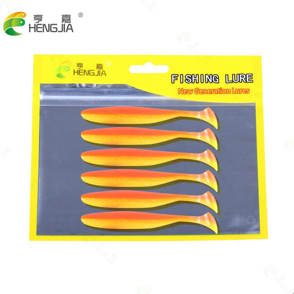 HENGJIA 6 шт., двухцветные блестящие рыболовные приманки, мягкая приманка, 9 см, искусственная приманка, снасти, джеркбейты, приманка для плавания, Т-образный хвост для щуки и окуня