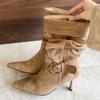 Designer Pleated Turned Over Edge Ankle Boots Women Short Booties Sexy Thin Heels Buckle Strap Banquet Prom Shoes