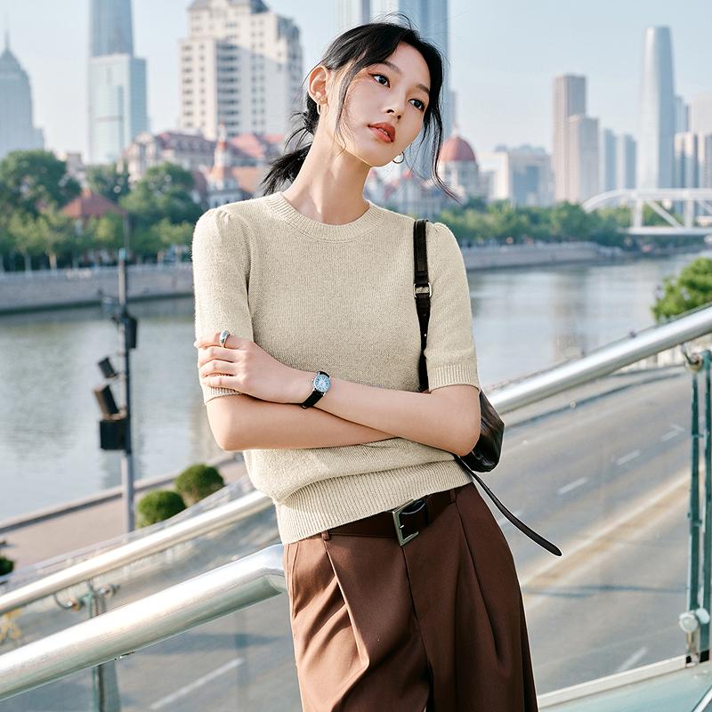 Jiuzi Anna Kou High Intelligence and Intellectual Commuting Bright Silk Beads Wool Short Sleeve Knitted Sweater Women's 2025 Autumn New Collection