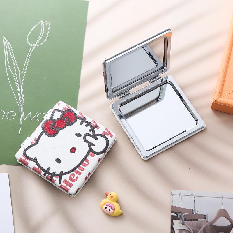 Серия Sanrio Hello Kitty Каваи Мультяшный Аниме Рамка Искусственная Кожа Девичье Сердце Мини Складное Мини Двустороннее Зеркало Подарок на Праздник