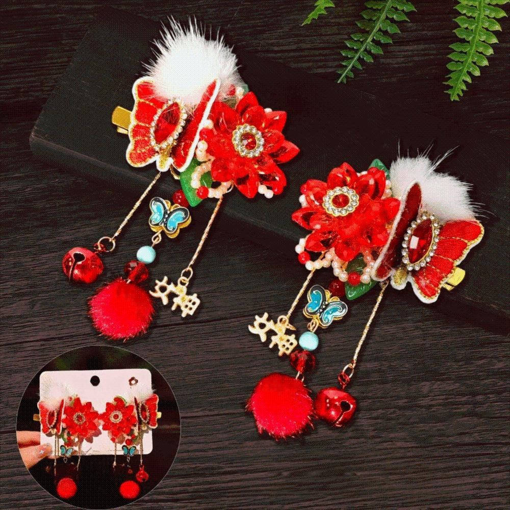 1 Pair Pearl Hanfu Red Hair Clips Flower Bow Tassel Hairpin New Year Headwear Children