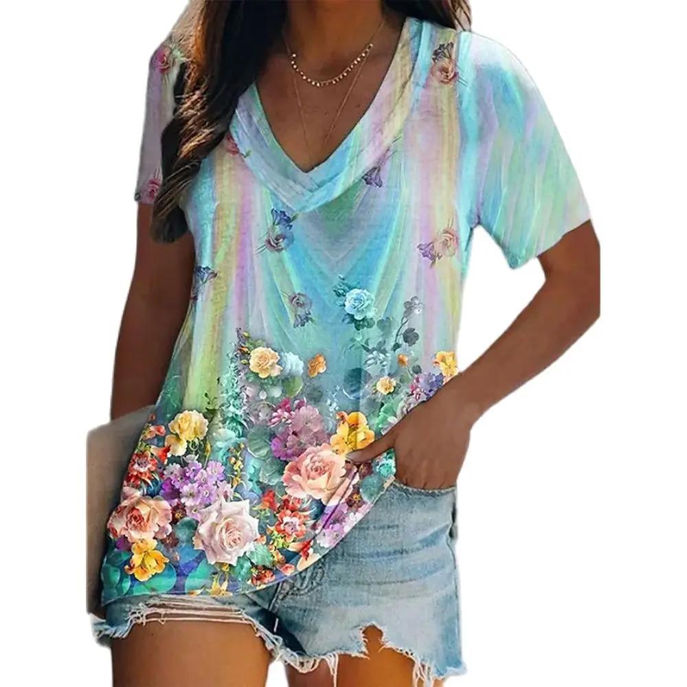 Женские роскошные футболки с 3D принтом, топы с v-образным вырезом и короткими рукавами, футболки, летняя повседневная футболка с градиентом, женская одежда больших размеров