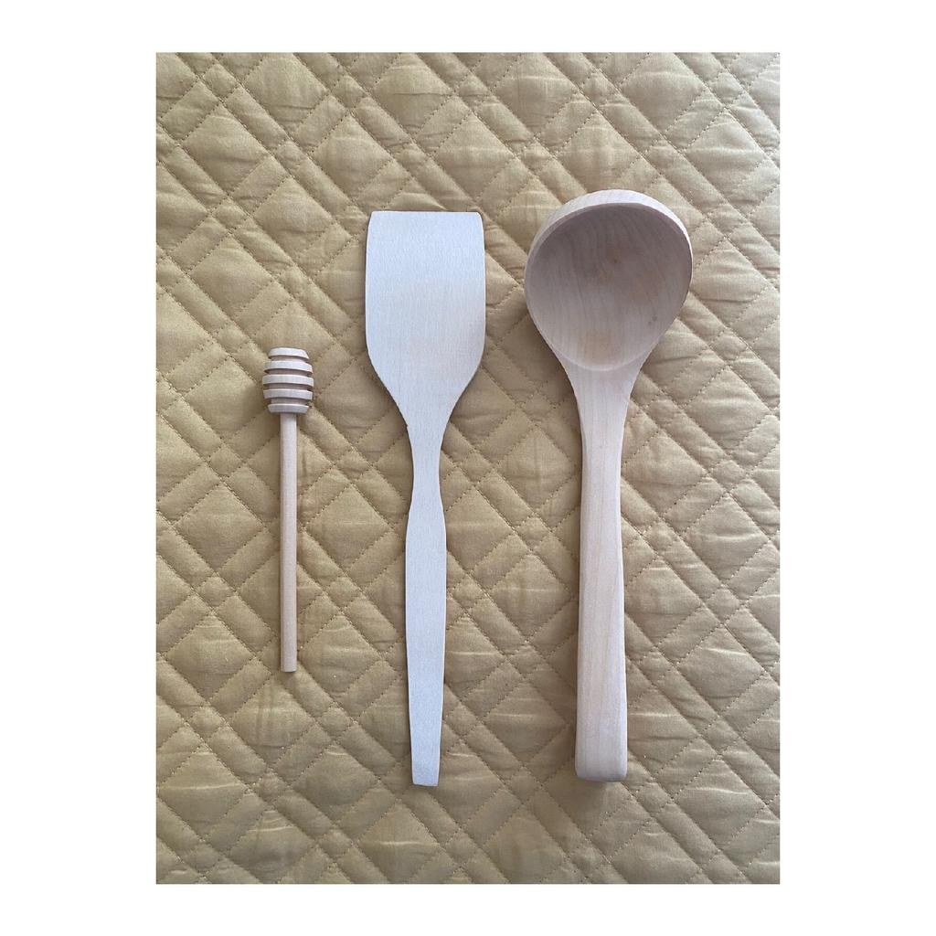 Set Of 3 Dining Utensils - Honey Spoon, Spatula Ladle - Wooden Spoon - (15cm-30cm-28cm)