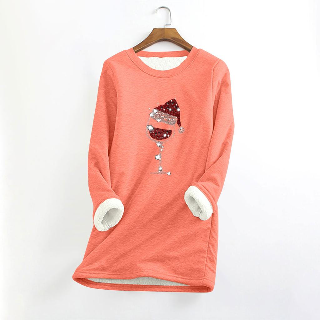 Женский круглый вырез с длинным рукавом и рождественским принтом, утолщенный плюшевый кашемировый теплый длинный топ