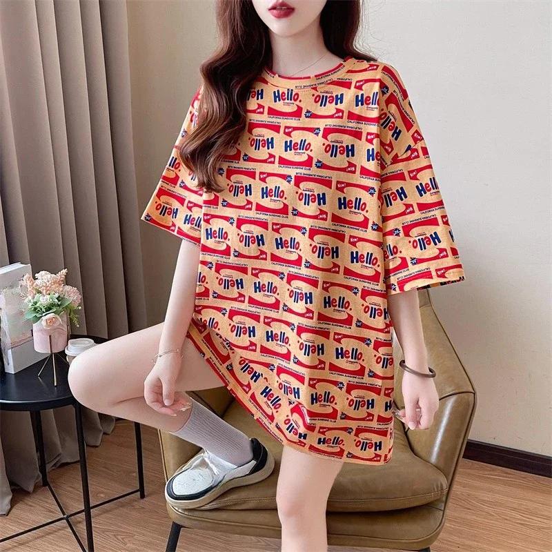 Летняя винтажная футболка с принтом Мода Женская Оверсайз Графические Длинные Футболки Y2k Топы Харадзюку хип-хоп Уличная одежда молодежная