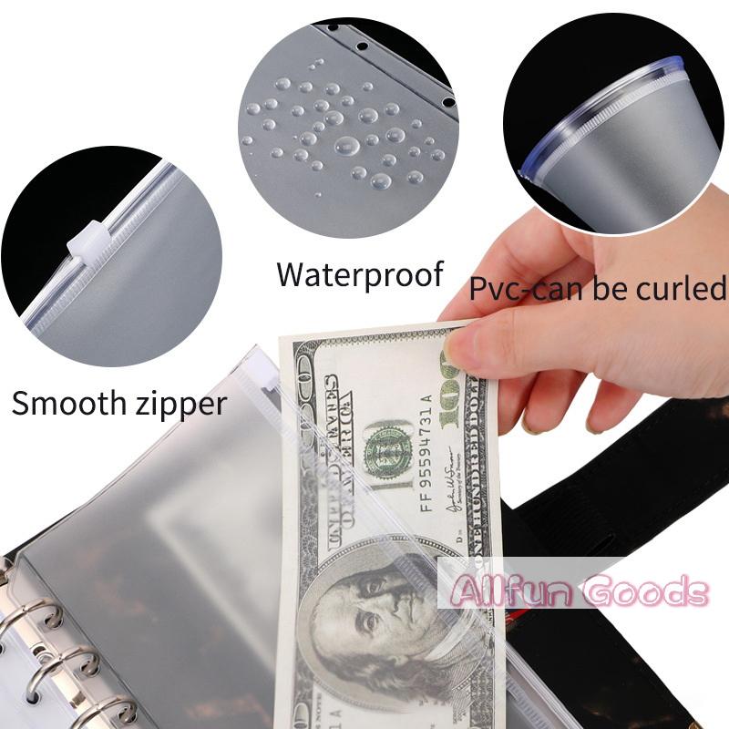 8PCS PVC Binder Pocket Cash Envelopes A5 A6 Zipper Folders Pouches Money Organizer Budget Document Filing Loose Leaf Inserts