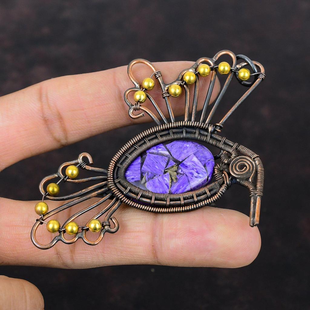 Медный кулон с чароитом Кулон, обернутый медной проволокой Украшения из натуральных драгоценных камней Кулон в виде птицы Кулон ручной работы Украшения из медной проволоки Свадебный подарок