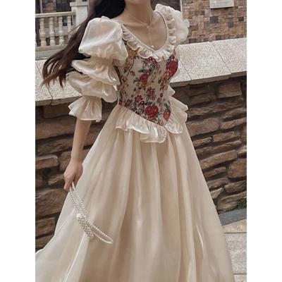 Винтажное элегантное платье с цветочным принтом, женское платье 2023, осень с круглым вырезом, повседневное вечернее платье миди, женское корейское платье феи с пышными рукавами