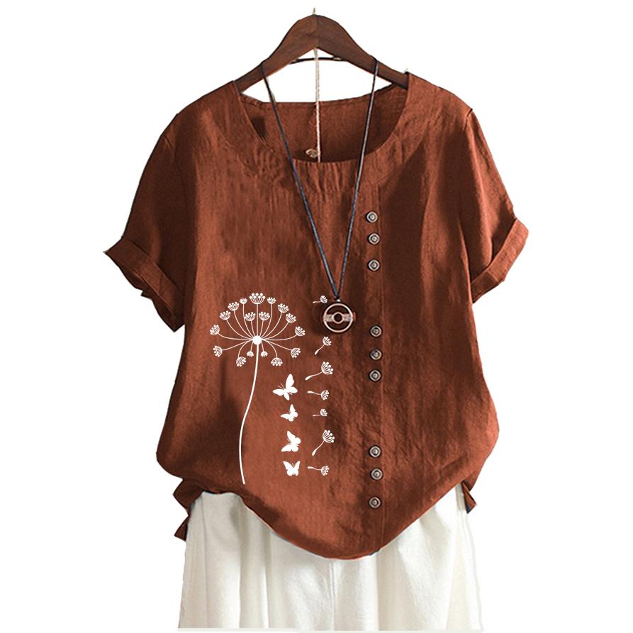 Женская модная хлопковая льняная блузка на лето и осень с круглым вырезом и коротким рукавом, повседневная свободная футболка с цветочным принтом