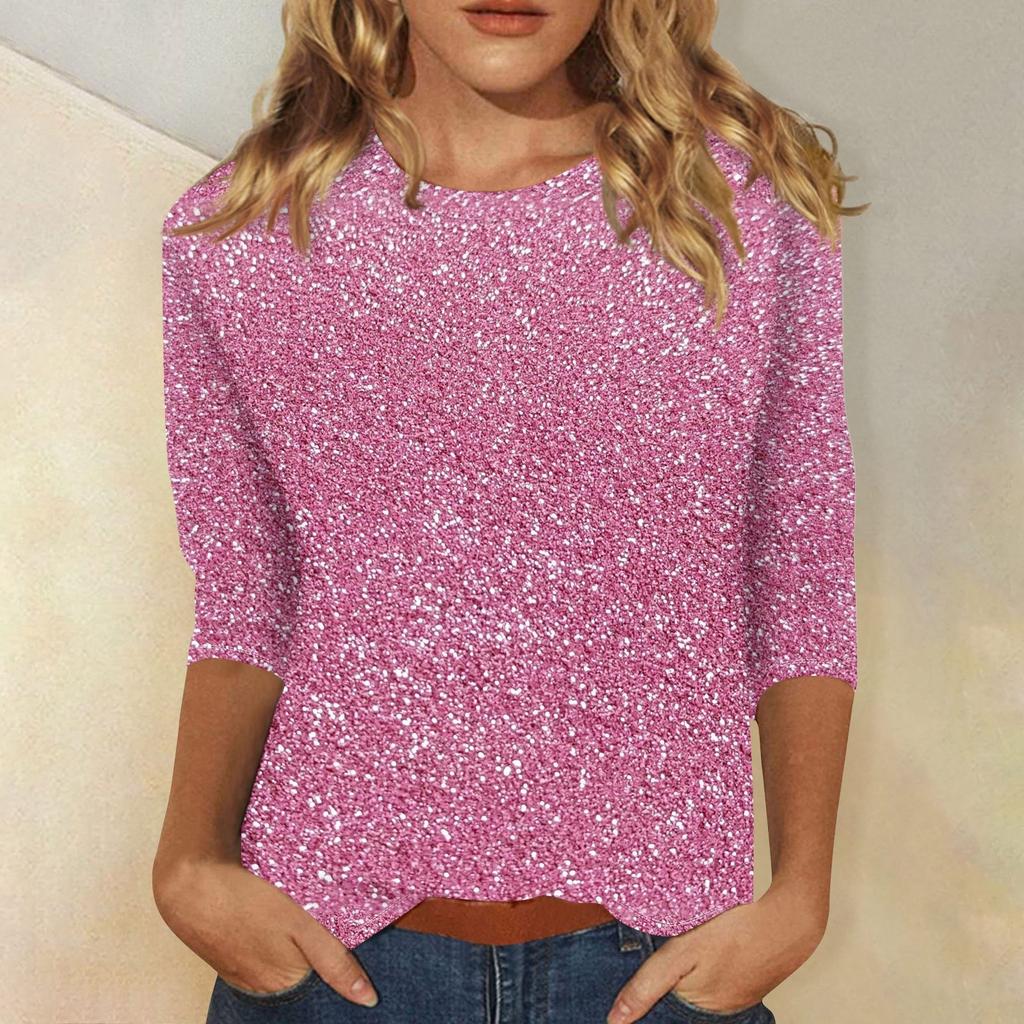 Women's Fashion Casual Three-quarter Sleeve Sequin Printed Round Neck Top