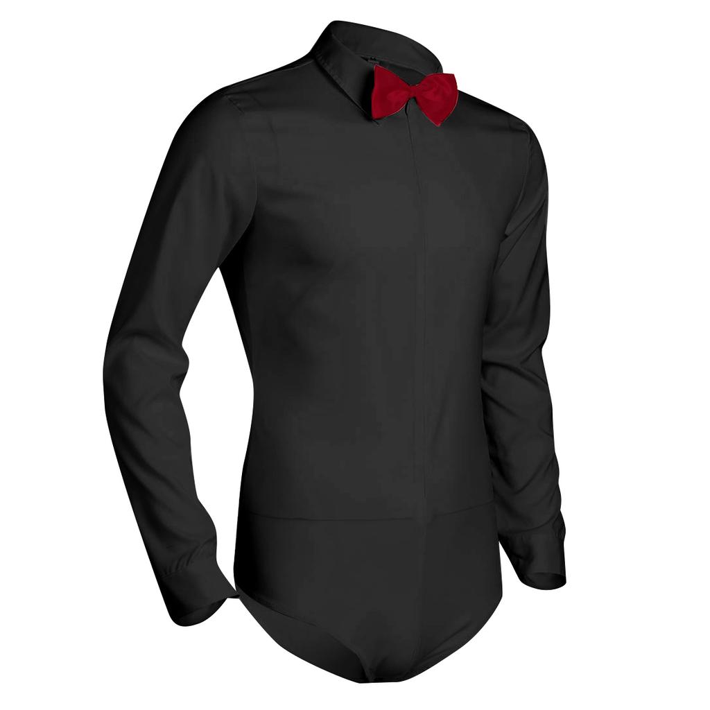 Men's Bodysuit Long Sleeve Latin Modern Dance Shirt with Bowtie One-piece Romper Shirt Dancewear