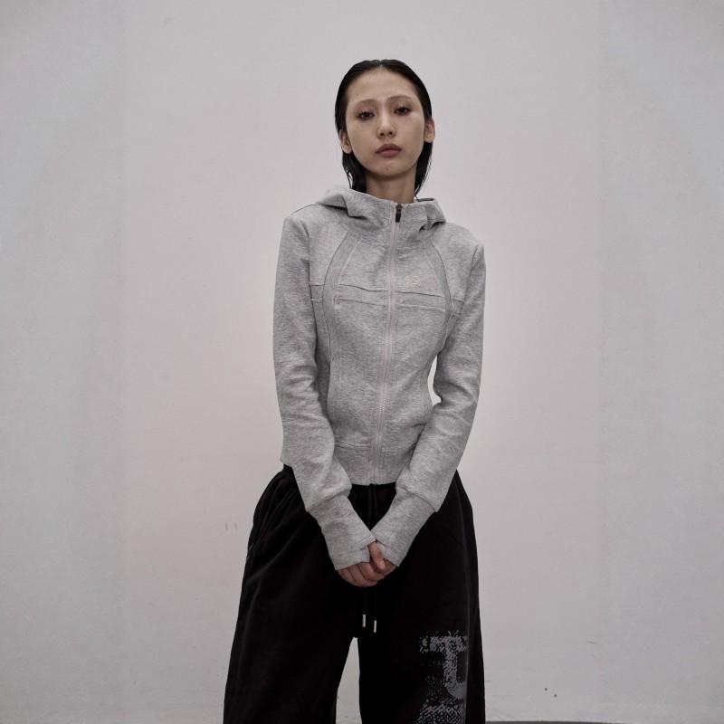 Womens Slim Fit Hooded Zip-Up Sweatshirt Streetwear Oversized Top With Pocket Black Gray Cotton Tencel Blend