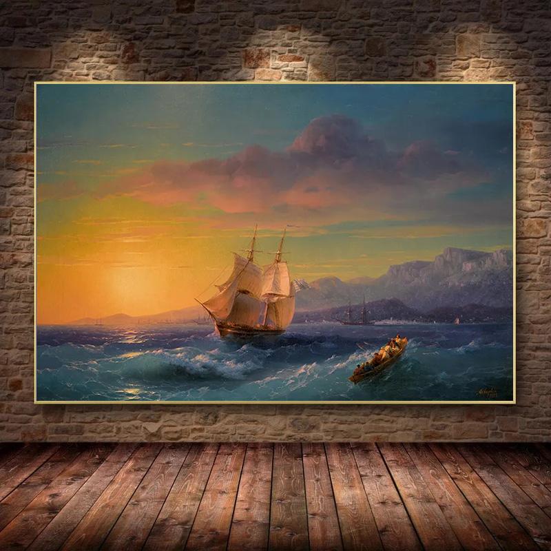 Винтажный Парусный Корабль Морской Пейзаж Холст Картина Плакат Корабль Фрески Печатает Волну Настенные Художественные Фотографии для Гостиной Домашний Декор