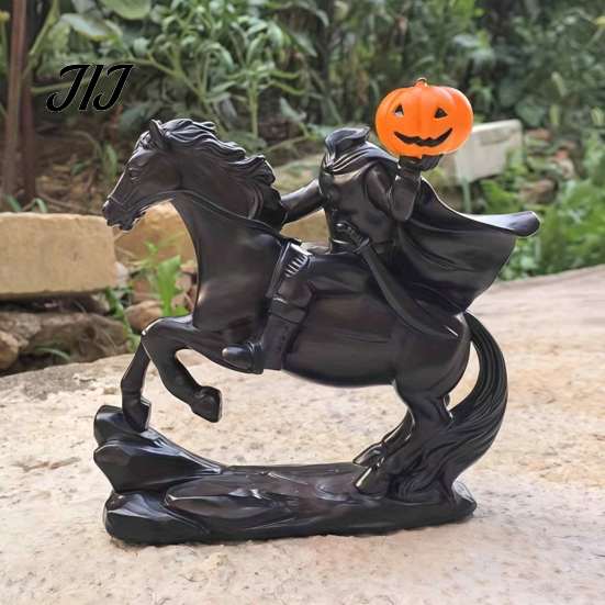 Horseman Riding Horse Statue Halloween Headless Statue, Gothic Knight Black with Ornaments Pumpkin Lantern, Spooky Resin Festive Decor for Home Yard