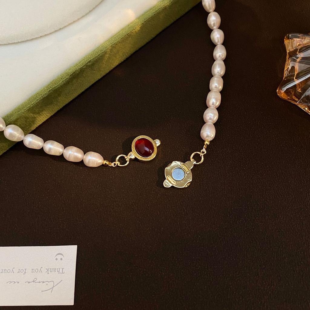 New Arrival Trendy Red Agate Stone Natural Freshwater Pearl 14K Gold Filled Lady Short Chain Necklace Promotion Gifts No Fade