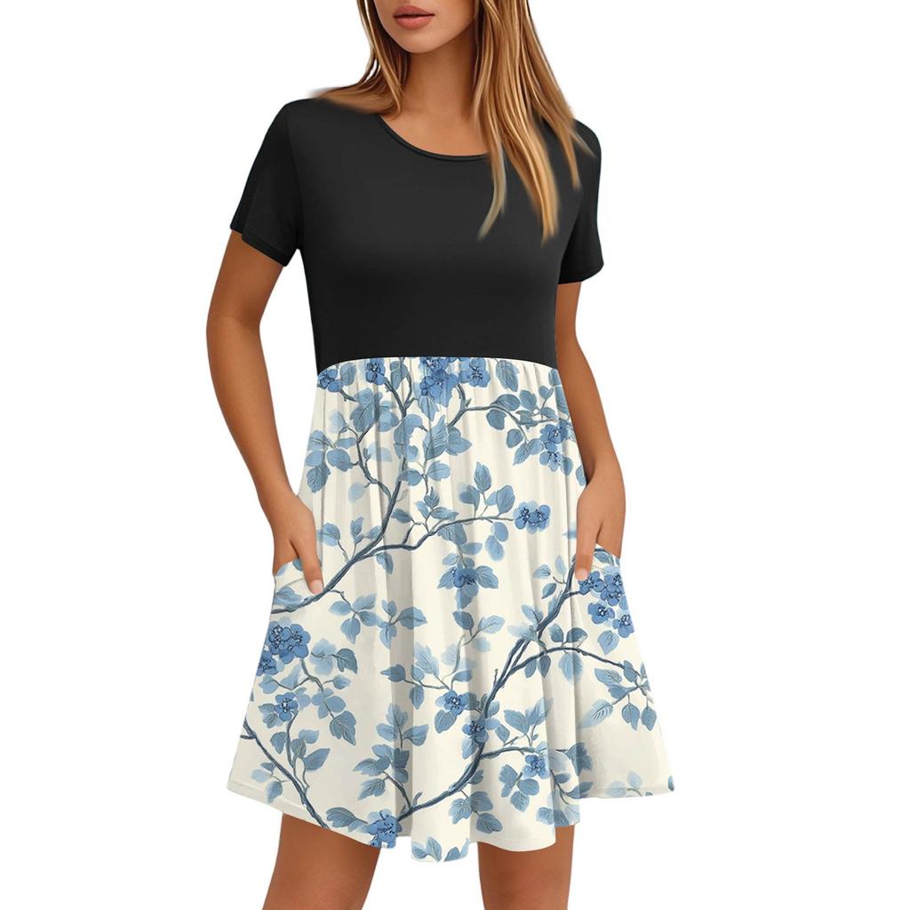 Женские модные повседневные свободные платья с круглым вырезом и коротким рукавом с принтом и карманами