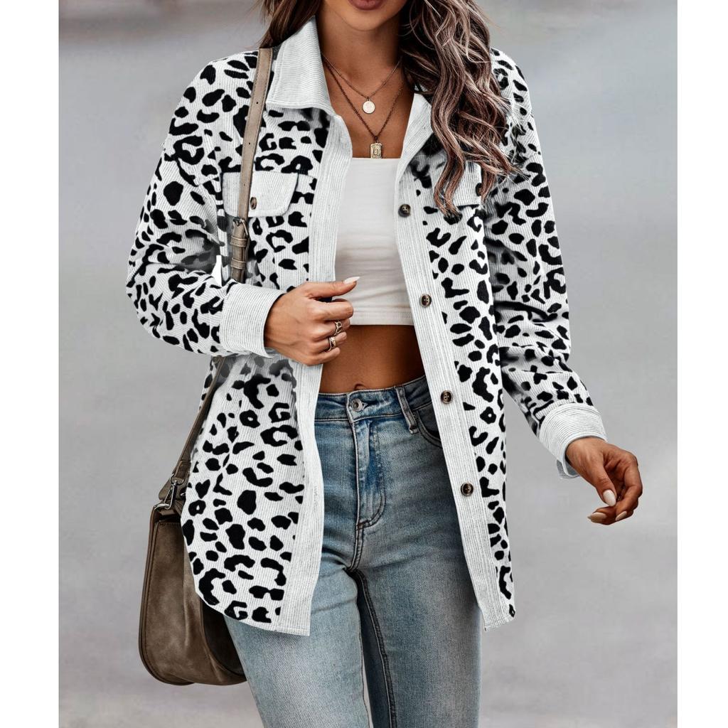 Spring and Autumn Leopard Jacket Women Corduroy Jacket Coat Women Overshirt Long Sleeve Loose Shirt Jackets for Women