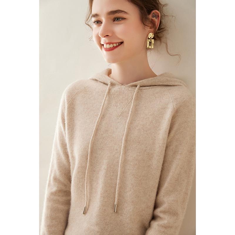 Women's Pure Cashmere Solid Color Hoodie, Warm and Thick, Loose Fit for Autumn and Winter