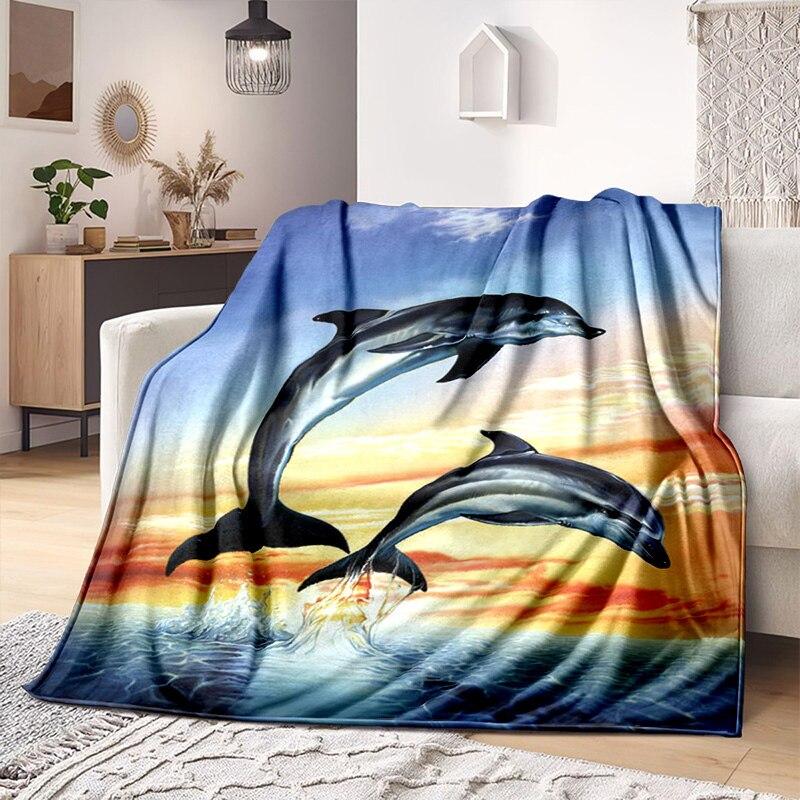 Underwater World Fish Dolphin Pattern Print Soft Flannel Blanket Sheet Sofa Office Air Conditioner Throw Blanket Gift