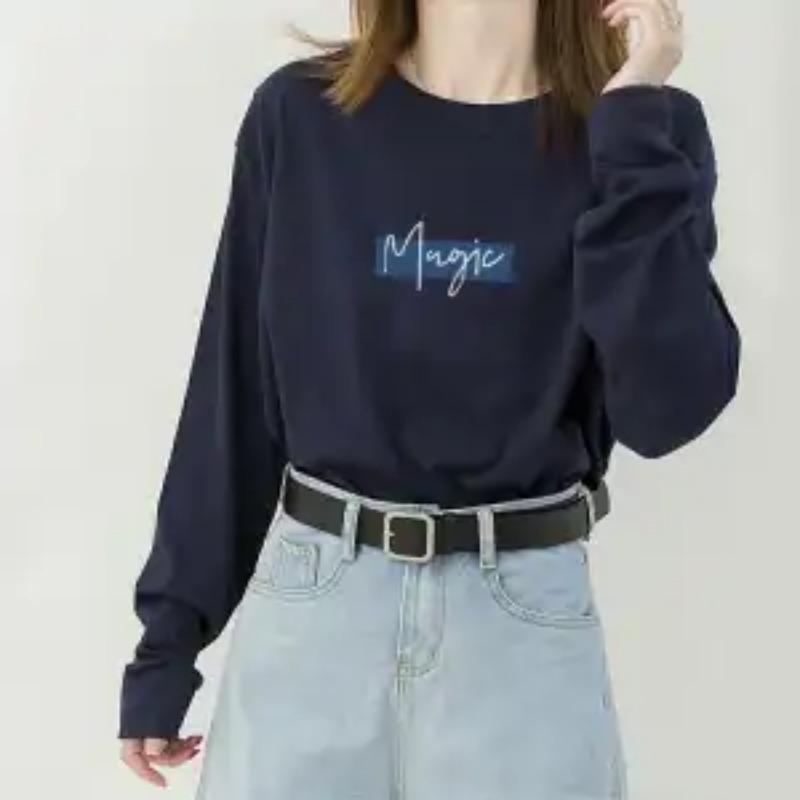 Осенняя новая футболка с длинным рукавом женская свободная с принтом букв круглым вырезом базовая