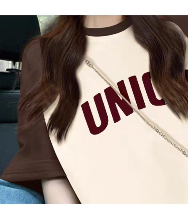 2025 Summer New Loose Casual Color Contrast Splicing Letter Printed Short-sleeved T-shirt for Women