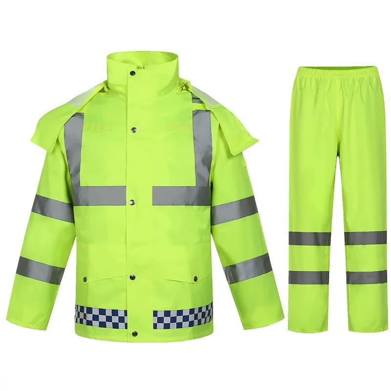 Fluorescent Green Raincoat and Rain Pants Set Reflective Duty Uniform for Flood Prevention, Traffic, Sanitation, Cycling, Hiking, and Heavy Rain