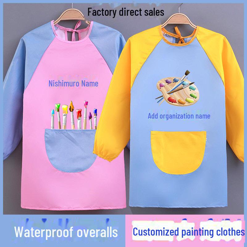 Kid's Waterproof Long-sleeved Reversible Painting Smock with Kindergarten Print - Protecting Clothes for Messy Activities.
