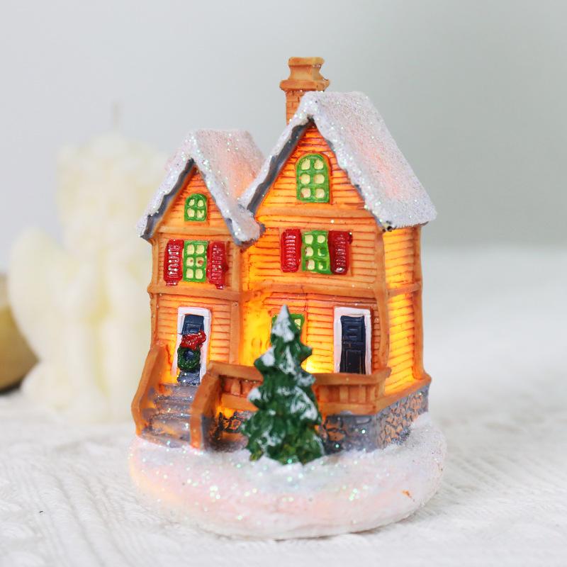 Christmas Resin House Figurine LED Light Up Snowy Village House Ornament Mini Desktop Decoration Xmas Gift