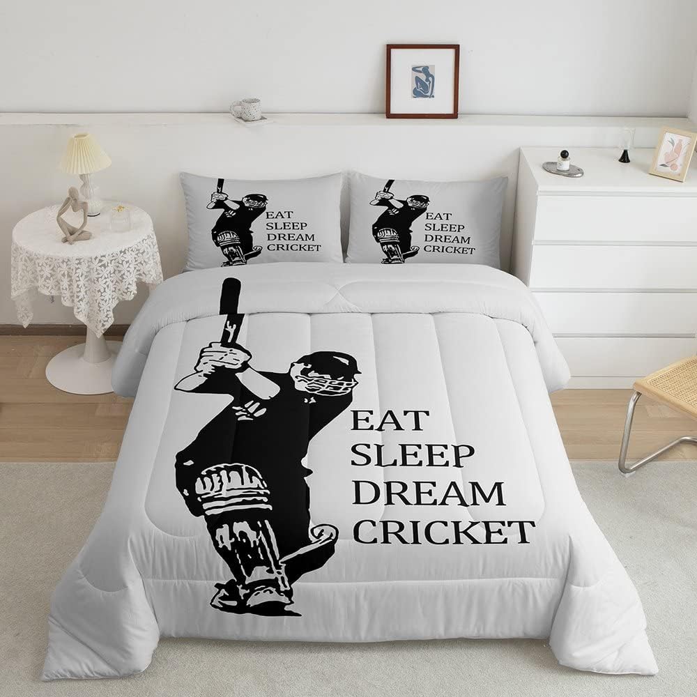 Cricket Sports Game Duvet Cover Set Boys Girls Eat Sleep Cricket Gaming Pattern Bedding Set Gift-Cricket Lover Grey Room Decor