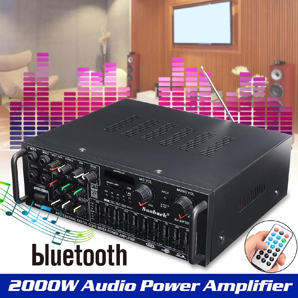 2000W 326BT 12V/110V Bluetooth 2.0 Channel Audio Power HiFi Amplifier Stereo AV Amp Speaker Support 4 Microphone with Remote