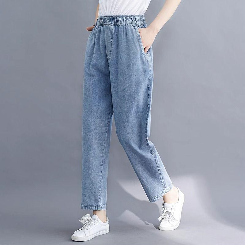 Женские джинсы больших размеров, брюки с высокой талией, свободные джинсы, женские, эластичные, на весну, с карманами